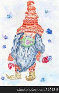 Decorative Scandinavian Christmas gnome wear protective face mask, hand drawn watercolor illustration.