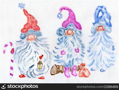 Decorative Scandinavian Christmas gnomes hand drawn watercolor illustration.