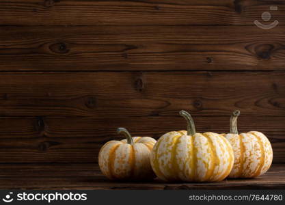 Decorative striped Gourds or Pumpkins on Wood table background. Decorative Pumpkins on wood