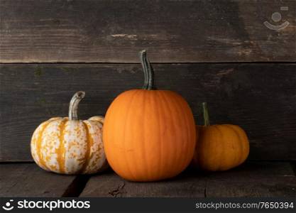 Decorative striped Gourds or Pumpkins on Wood table background. Decorative Pumpkins on wood