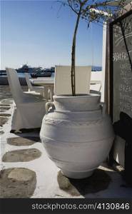 Decorative urn in a restaurant, Mykonos, Cyclades Islands, Greece