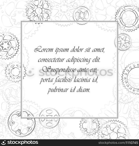 Decorative vintage frame with black outlined gears and cogs ornament. Empty space in center for text label or menu. Square vector elegant illustration with cogwheels border on white background.. Decorative frame with cog and gear