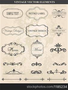 Decorative vintage set of calligraphic design elements: frames, borders, floral ornaments, page decoration. Abstract vintage frame design in various styles. Vector Vintage Ornament