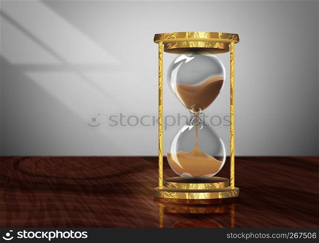 Decorative vintage style hourglass on a wooden table background.