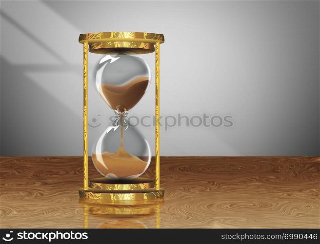 Decorative vintage style hourglass on a wooden table background.