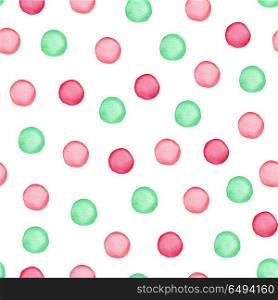 Decorative watercolor seamless pattern with polka dots. Green and red round blots on a white background. Seamless pattern with polka dots.