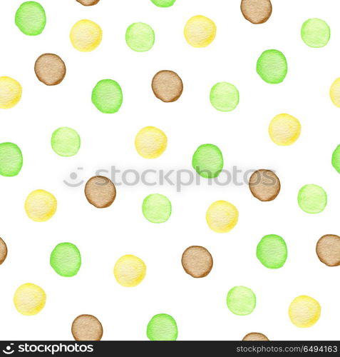 Decorative watercolor seamless pattern with polka dots. Green and yellow round blots on a white background. Watercolor seamless pattern with polka dots.