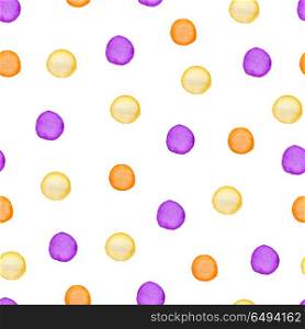 Decorative watercolor seamless pattern with polka dots. Violet and orange round blots on a white background. Watercolor seamless pattern with polka dots.