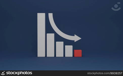 Decrease graph with point down arrow, concept of business loss, 3D rendering illustration