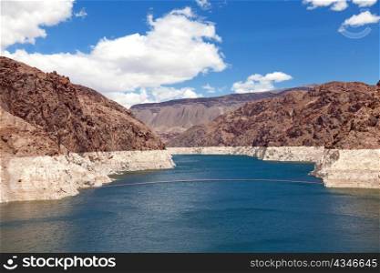 Decreased water level in Black Canyon of Colorado river near Hoover Dam, upstream view