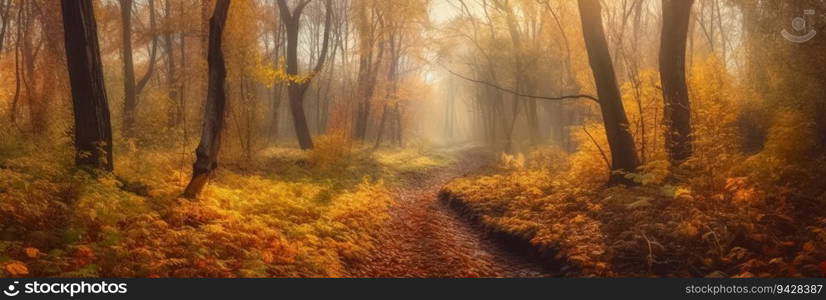 Deep Autumn forest and leaves fall on ground. Golden fall landscape or autumnal background with smoky sunlight and rays.. Deep Autumn forest and leaves fall on ground. Golden fall landscape or autumnal background with smoky sunlight and rays