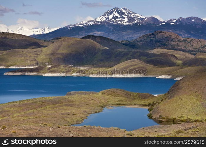 Deep blue glacial water of Lake Pehoe in Torres del Paine National Park in Patagonia in southern Chile