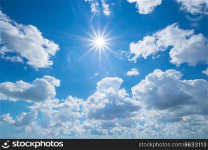 Deep blue sky and sun at day. Nature scene.