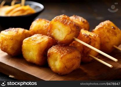 Deep-fried crispy potatoes on a wooden skewer. Generative AI