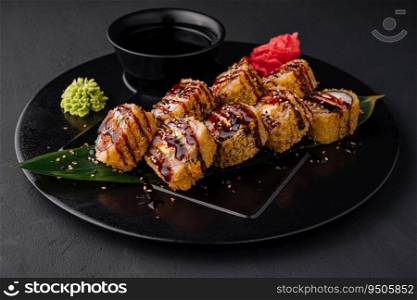deep fried roll with salmon and mayonnaise in panko bread crumbs