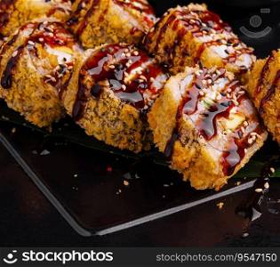 deep fried roll with salmon and mayonnaise in panko bread crumbs