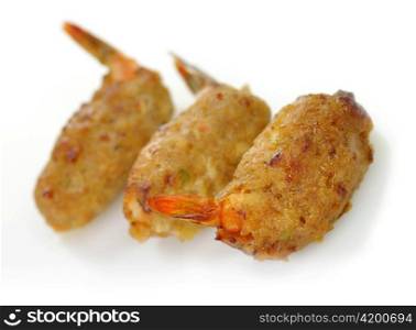 Deep fried shrimps on a white background