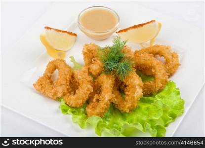 Deep-fried squid with salad leaves, sauce, green and lemon on a white background