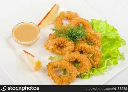 Deep-fried squid with salad leaves, sauce, green and lemon on a white background