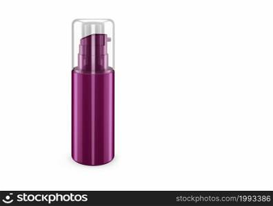Deep lilac nacre spray bootle mockup isolated from background: shampoo plastic bootle package design. Blank hygiene, medical, body or facial care template. 3d illustration