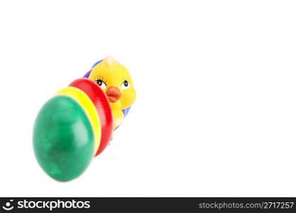deep row of easter eggs with looking chicken. deep row of easter eggs with looking chicken on white background