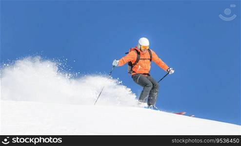 Deep snow descent during ski mountaineering trip