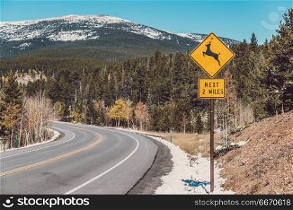 Deer crossing sign on highway at autumn . Deer crossing sign on highway at autumn sunny day in Colorado, USA.