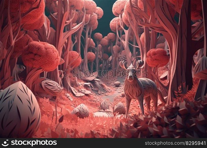 deer in fairy tale magic forest art landscape generative ai.