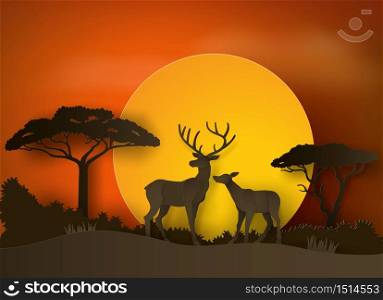deer in forest with sunset . paper art and craft style.