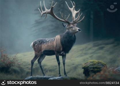 Deer in smoky forest. Illustration Generative AI