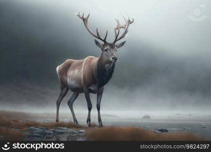 Deer in smoky forest. Illustration Generative AI