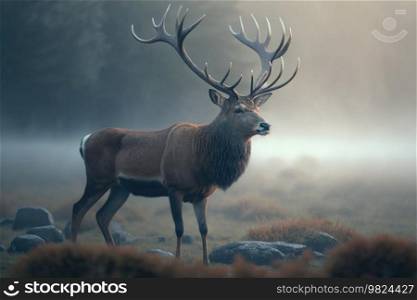 Deer in smoky forest. Illustration Generative AI