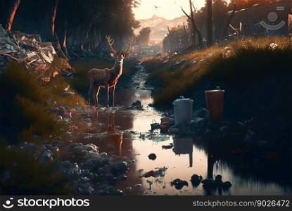 Deer near the water stream in forest polluted with garbage. Pollution concept. Generative AI.. Deer near the water stream in forest polluted with garbage. Pollution concept. Generative AI
