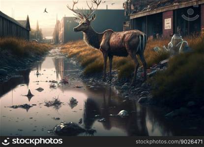 Deer near the water stream polluted with garbage. Pollution concept. Generative AI.. Deer near the water stream polluted with garbage. Pollution concept. Generative AI