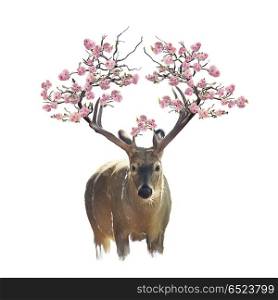 Deer portrait with flowering branches on the horns.Watercolor isolated on white background. Deer portrait with flowering branches watercolor
