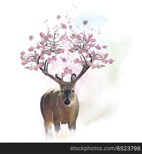 Deer portrait with flowering branches on the horns.Watercolor painting. Deer portrait with flowering branches watercolor