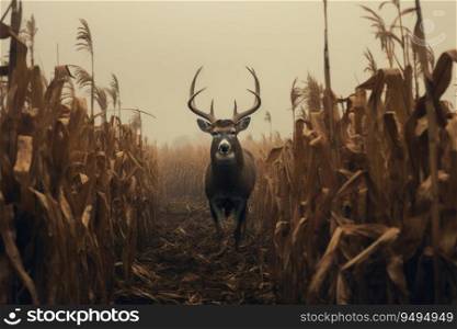 Deer standing in corn field in summertime nature.