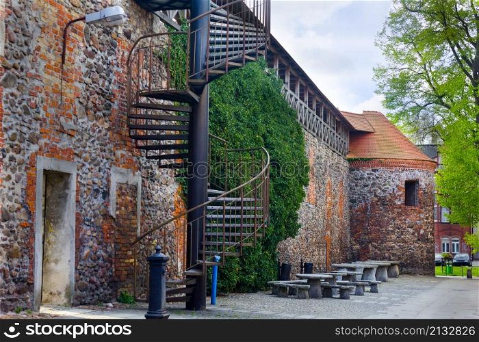 Defence city wall with stairs in Zary, Poland