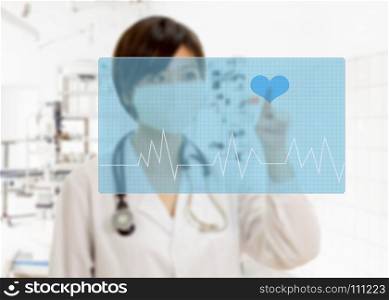 Defocused Asian American female doctor with stethoscope pressing heart button on virtual pulse screen in surgery