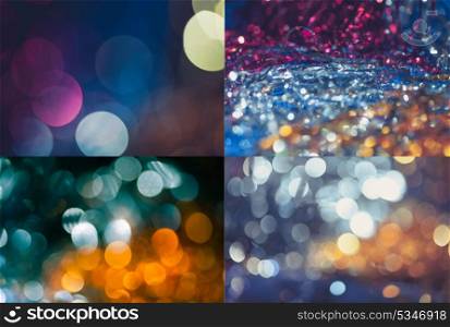 Defocused christmas decorations as wallpaper. Set of four holiday blurred backgrounds
