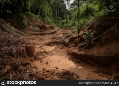 deforestation leads to erosion and mudslides in the forest, created with generative ai. deforestation leads to erosion and mudslides in the forest