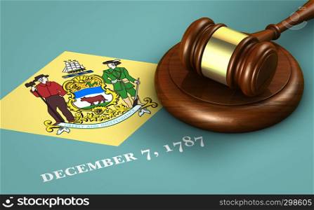 Delaware US state law, legal system and justice concept with a 3d rendering of a gavel on the Delawarean flag on background.