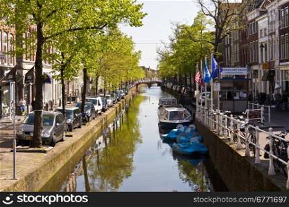 Delft historic town cenre with canals in Delft, Netherlands
