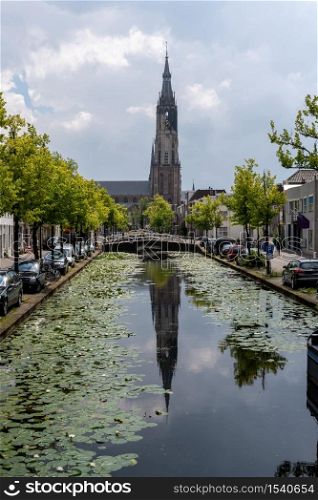 Delft, june 19. New Church and Vrouwjuttenland canal seen from the Rapenbloem bridge.