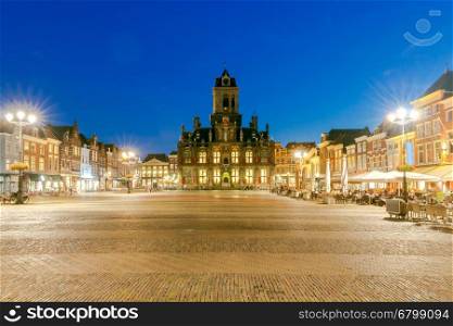 Delft. Market Square.. The central market square in the city Delft on sunset. Netherlands.