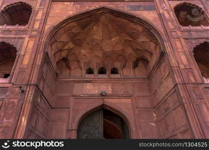 DELHI, INDIA - APRIL 19, 2019: Architectural detail of Jama Masjid Mosque, Old Delhi, India.