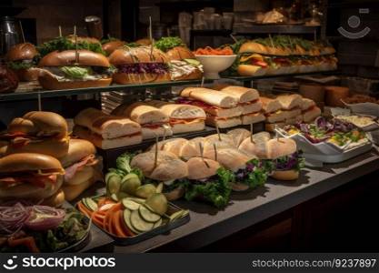 deli counter with variety of sandwiches, wraps, and salads, created with generative ai. deli counter with variety of sandwiches, wraps, and salads