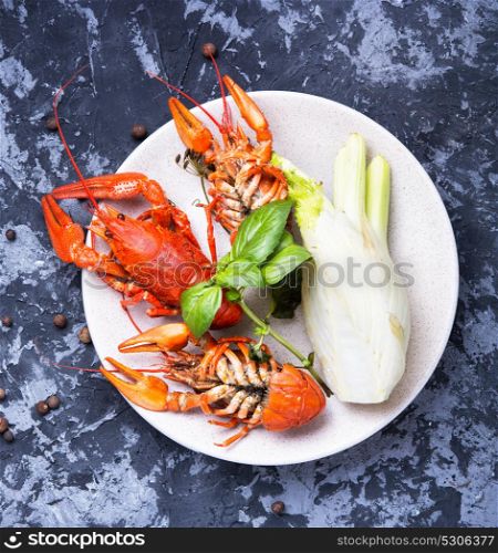 delicacy boiled crawfish. tasty seafood shellfish served on the plate