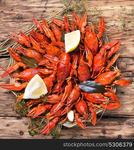 delicacy boiled crawfish. tasty seafood shellfish served on the plate