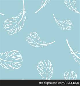 Delicate blue background with flying white feathers seamless pattern. Delicate pastel print for textiles, packaging, paper and design. Repeat template with silhouette of feathers vector illustration. Delicate blue background with flying white feathers seamless pattern